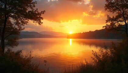 Bright sunset over calm lake with orange glow reflected on water surface. Mist rises from distant hills. Trees frame the serene, peaceful natural scene.