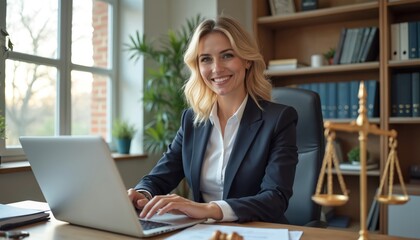 Smiling female lawyer works on laptop at desk in law office. Attractive woman attorney in suit uses computer. Pro with books and scales in the background.