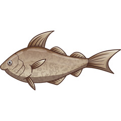 Pixel Art Illustration of a Brown Fish with Dorsal Fin and Tail Fin on a Transparent Background