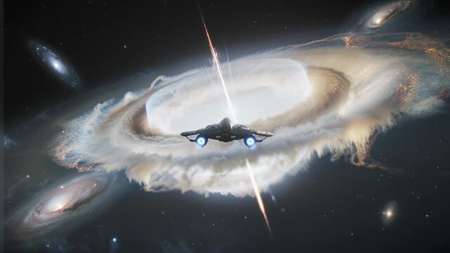 Black hole observation" &mdash; spaceship approaching swirling accretion disk, light bending dramatically around it.