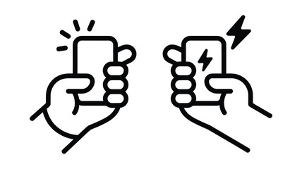 Fototapeta premium Mobile phone status concept vector: hand holding smartphone with signal/notification; hand holding phone with power/charging lightning bolt icon