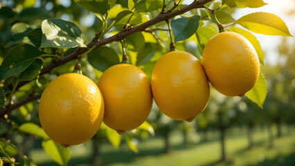 Close-up of bright yellow lemons hanging from a branch in a sunny citrus orchard with green leaves