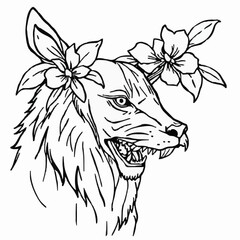 Minimalist a wolf head in black outline with flowers on its head and visible teeth in a detailed drawing style vector