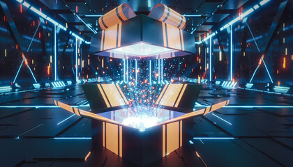 Futuristic gift box opening to reveal vibrant light particles, symbolizing surprise, innovation, and technological advancements in a dynamic, modern scene