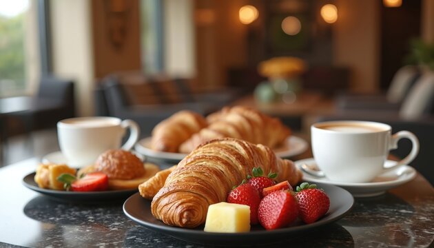Flaky croissants and fresh strawberries with coffee served on a tray, offering a delightful breakfast experience. This elegant meal suggests a relaxing morning in a hotel or cafe setting.