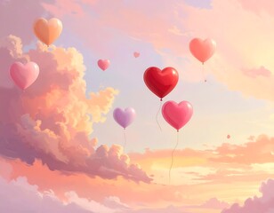 Digitally painted scene featuring heart-shaped balloons floating in a soft, dreamy sky with fluffy clouds and pastel hues