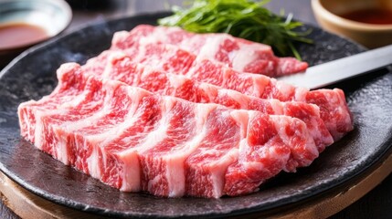 Fototapeta premium Freshly Sliced High-Quality Beef with Intricate Marbling Served on a Dark Plate with Green Garnish and Sauce