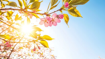 Soft natural rays lighting cherry tree branches under serene blue sky