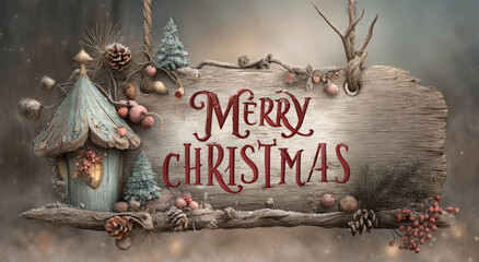 Rustic Merry Christmas sign on wooden plank with fantasy house, pinecones, berries, and snowy woodland decorations
