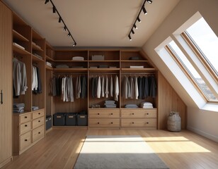 Modern attic dressing room with wood cabinets and clothes racks. Skylight windows provide natural light and view. Organized storage space for wardrobe.