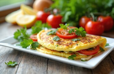 Fresh French omelet on white plate with sliced red tomatoes, green herbs. Delicious breakfast, lunch meal cooked from eggs, cheese, onion. Healthy food served on rustic wooden table with fresh