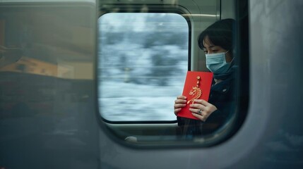 Young woman on train holding a red envelope by the window. Travel during Lunar New Year, calm moment, motion outside.