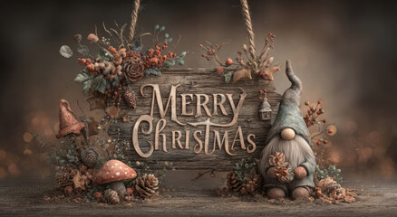 Whimsical Merry Christmas sign with festive gnome, mushrooms, and woodland decorations on rustic wooden board
