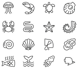 Set of Sea food related vector icons. Contains such as shrimp, crab, fish, sea shell, squid, star fish and more. Outline icons simple vector collection. Fishery industry visuals. Vector illustration.