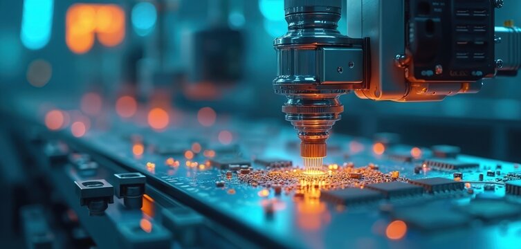 Automated machine arm places tiny components on a circuit board. Robotic assembly line builds electronics with precision. High-tech factory works with futuristic tech.