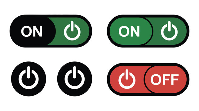 Modern collection of power on/off toggle switches and round buttons, essential user interface elements for web, mobile apps, and digital control panels in vector format