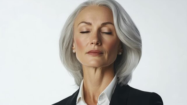A middle-aged grey-haired businesswoman, confident and serious. Wearing professional attire indicative of an executive or corporate leadership role.