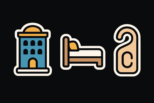 Hotel themed icons building, bed, and do not disturb sign