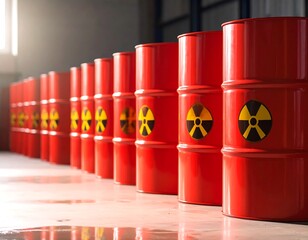 A line of red barrels with yellow hazard symbols arranged diagonally. Light streams from the window. The metallic containers suggest danger