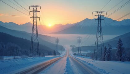 Snowy road stretches to mountains at winter sunrise. Power lines tower over landscape. Trees covered with snow. Pristine nature scene. Tranquil travel during bright sunset. Adventure in remote land.