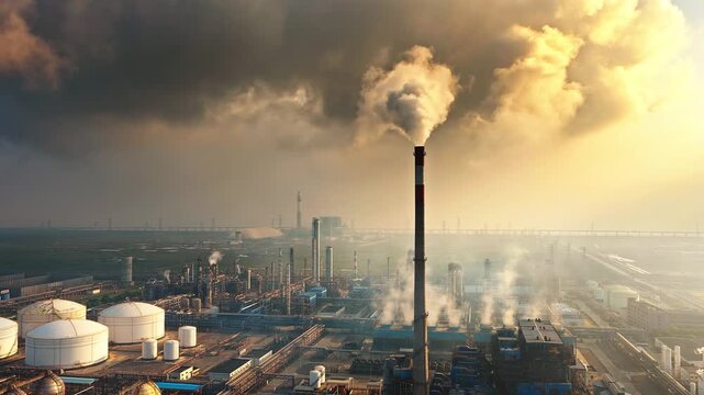 Aerial shot of an oil refinery and chemical plant industrial complex with smoke stacks emitting smoke, causing air pollution.