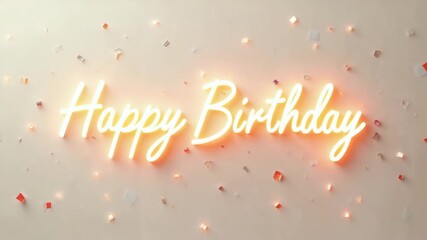 A radiant neon sign illuminates a soft beige backdrop, joyfully proclaiming happy birthday amidst a playful scattering of confetti, creating a festive and celebratory atmosphere - Powered by Adobe