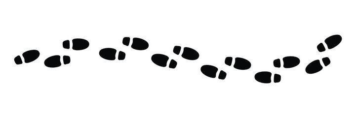A winding path of distinct black human shoe prints on a clean white background, symbolizing progress, journey, movement, and discovery.
