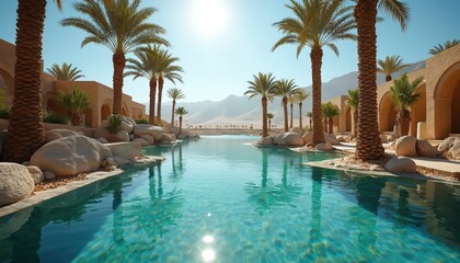 Luxurious resort featuring a stunning pool lined by palm trees. Turquoise water reflects sunlight creating a serene atmosphere. Palm trees and the desert mountains create a perfect vacation view.