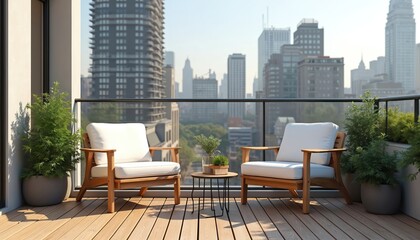 Obraz premium Two empty wooden chairs on a balcony with city view. Potted green plants adorn this urban dwelling space. Wooden deck offers outdoor seating.
