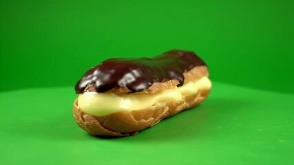 Delicious chocolate glazed eclairs on green backdrop. - Powered by Adobe