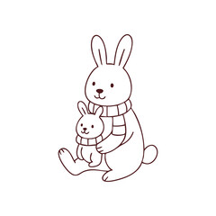 Adorable Mother Rabbit and Baby in Scarves Line Art