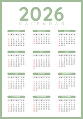 Vector Green And White 2026 Year Calendar Printable Template