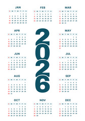 Vector Blue And White 2026 Year Calendar Template