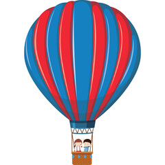 Fototapeta premium Pixel Art Hot Air Balloon With Two Passengers Red Blue Stripes White Background Isolated