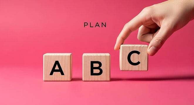 Crafting a dynamic business strategy with plan A, B, and C for success, showing wooden blocks and a hand on a vibrant pink backdrop