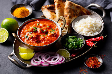 Authentic Indian feast: chicken tikka masala with rice, naan, lime and spices. Grey background.