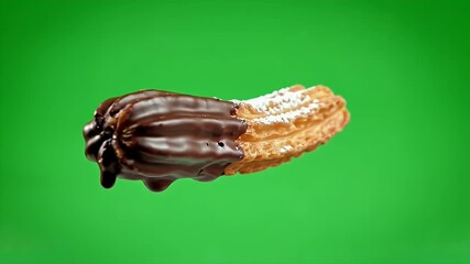 Chocolate coated churros on bright green background.