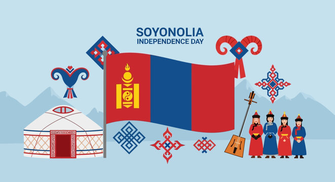 Celebrate Soyonolia Independence Day with vibrant Mongolian cultural symbols and traditional attire, a joyous tribute to national pride and heritage in a colorful artistic style - Powered by Adobe