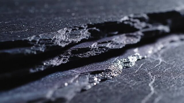 Close up shot of a dark textured material with rough edges and sparkling flecks on its surface view