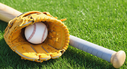 Baseball in glove with bat on field of grass in natural background