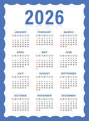Vector Blue And White 2026 Year Calendar With Wavy Style Template