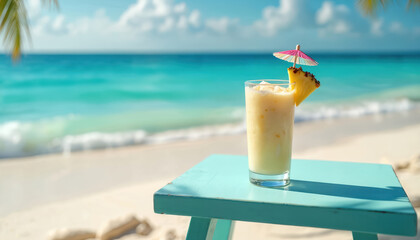Tropical cocktail on beach table. Refreshing drink at seaside. Beach vacation concept. Glass of beverage with pineapple slice and small umbrella on table with ocean view