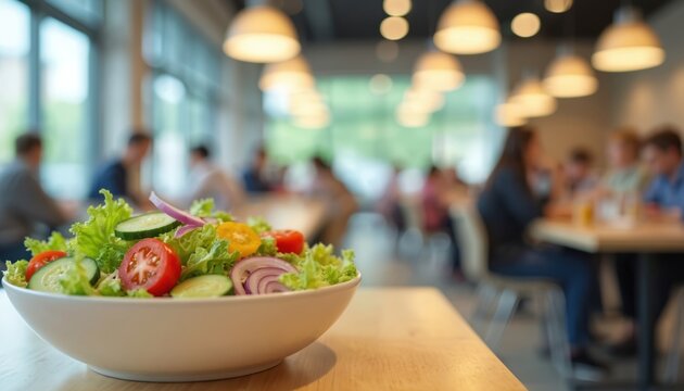 Fresh salad bowl with vegetables in cafe. Colorful salad with tomatoes cucumbers and onions. People eat lunch in restaurant blurred on background. Healthy eating concept for wellness. - Powered by Adobe