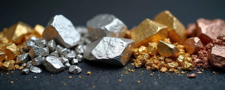 Rough shiny gold silver copper nuggets sit on dark surface. Various precious raw metals mineral ore rocks shown closely. Valuable wealth resource investment mining industry concept clear. Geologic