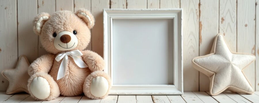Soft teddy bear toy and plush star decorations sit by a white frame on a light wood background. Ideal for baby shower invites or nursery decor with room for text.