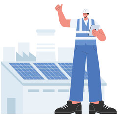 Obraz premium Factory Illustration. Vector illustration of Engineer approves solar panel installation on a factory roof for clean renewable energy. Isolated on background