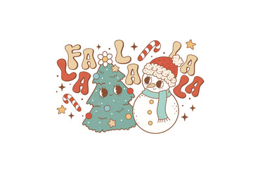 Fa La La La La, Retro Christmas Tree and Snowman Illustration Sublimation Design