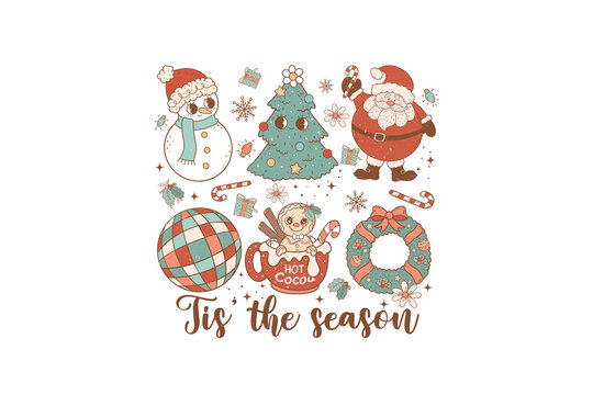 Tis The Season, Festive Christmas illustration featuring Santa Claus, snowman, gingerbread man, Christmas tree, wreath, and bauble Sublimation Design