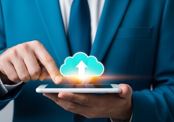 Business person uploading data to glowing cloud icon via smartphone, symbolizing mobile cloud storage and digital technology