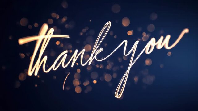 Elegant thank you message with golden light trails on a dark blue background, perfect for expressing gratitude and appreciation in a stylish and modern way
